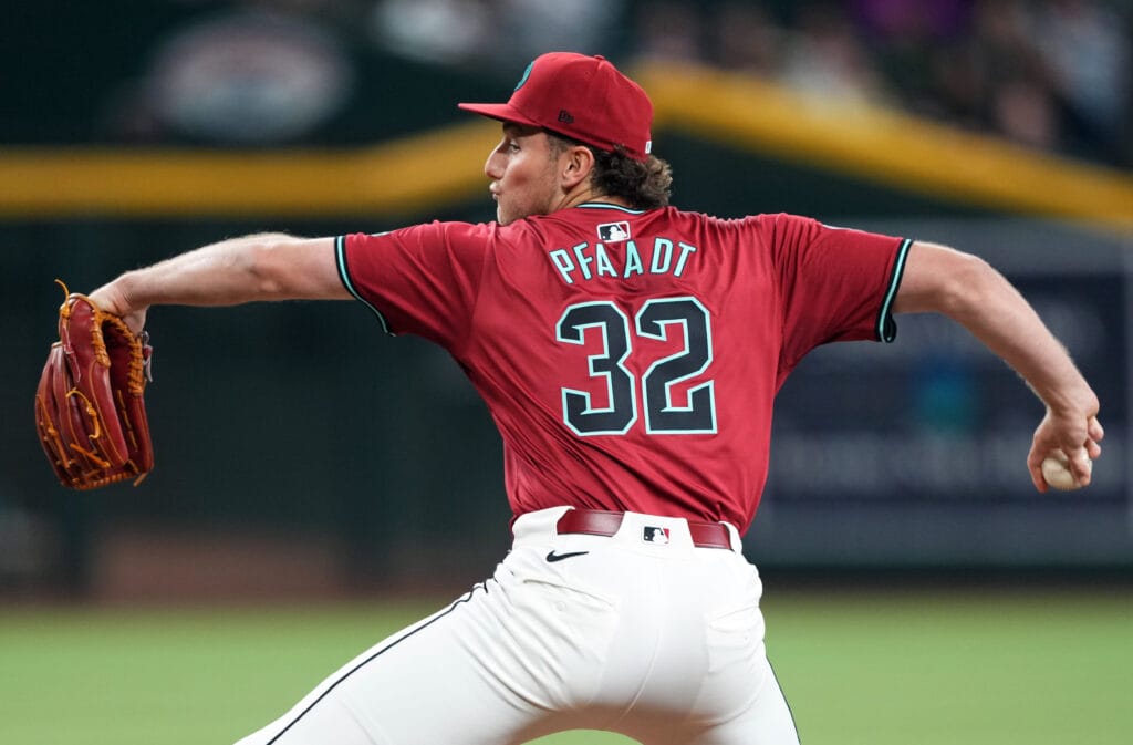 Diamondbacks starting pitcher Brandon Pfaadt (32) pitches against the Colorado Rockies during the first inning at Chase Field.