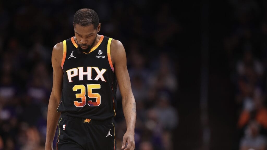 Suns forward Kevin Durant looks dejected as the Suns fall into a 3-0 series hole against Minnesota.