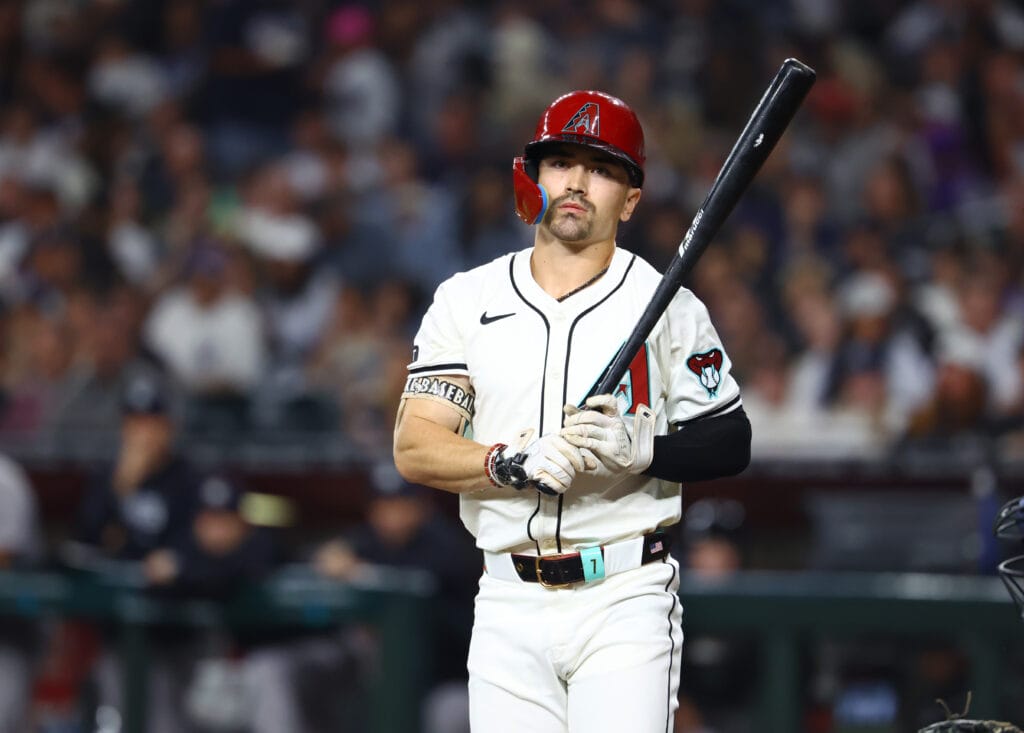 Diamondbacks outfielder Corbin Carroll in the fifth inning against the New York Yankees at Chase Field. Mandatory Credit: Mark J. Rebilas-USA TODAY Sports