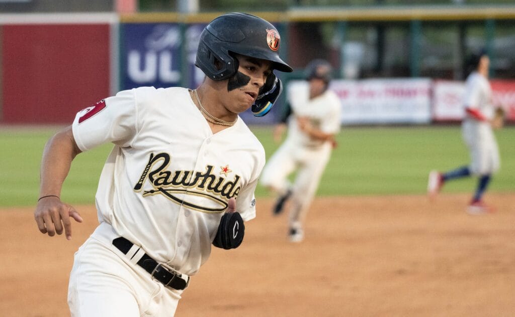 Diamondbacks top prospect Druw Jones rounds third for the Visalia Rawhide on April 11, 2023.