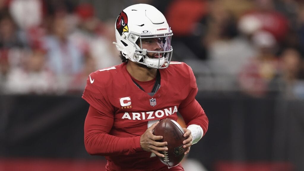 GLENDALE, ARIZONA - Cardinals quarterback Kyler Murray drops back to pass during the second half of the NFL game at State Farm Stadium on January 7, 2024 in Glendale, Arizona.