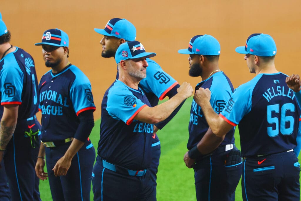 National League manager Torey Lovullo (17) of the Arizona Diamondbacks during player introductions before the 2024 MLB All-Star game at Globe Life Field.