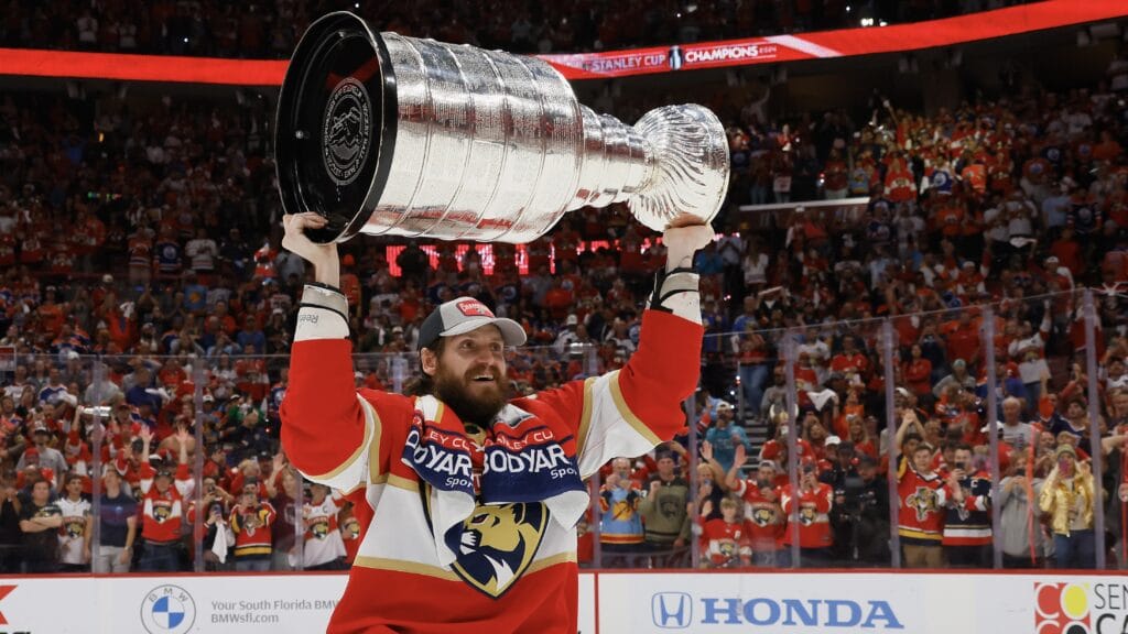 Oliver Ekman-Larsson of the Florida Panthers celebrates with the Stanley Cup following a 2-1 victory over the Edmonton Oilers in Game Seven of the 2024 NHL Stanley Cup Final at Amerant Bank Arena on June 24, 2024 in Sunrise, Florida. (Photo by Bruce Bennett/Getty Images)