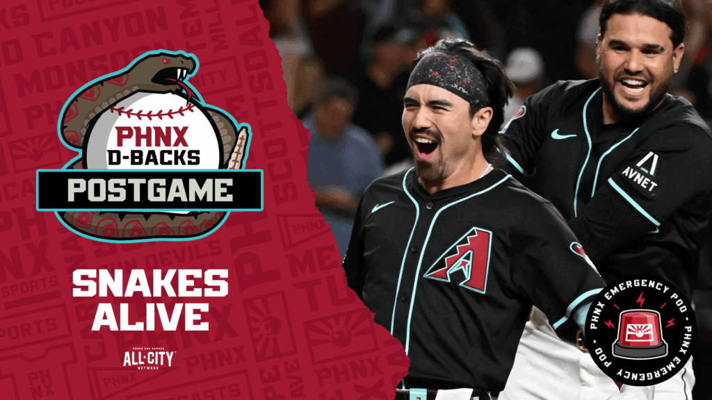 Diamondbacks Corbin Carroll and Eugenio Suárez celebrate the team's walk-off win over the Washington Nationals.