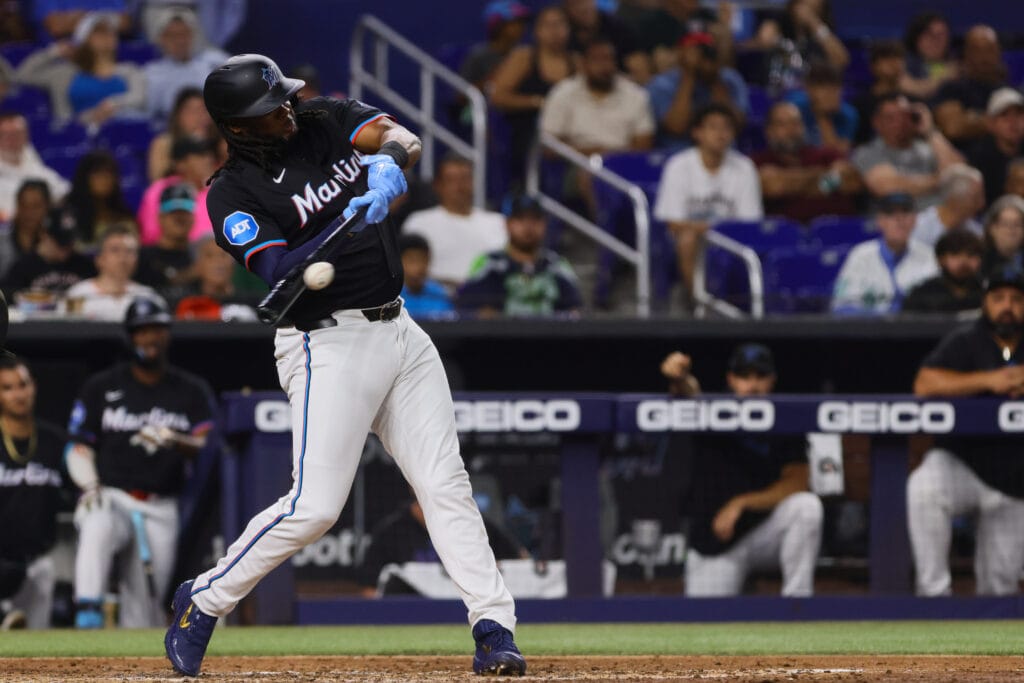 Former Marlins/now Diamondbacks Josh Bell (9) hits an RBI single against the New York Mets during the third inning at loanDepot Park.