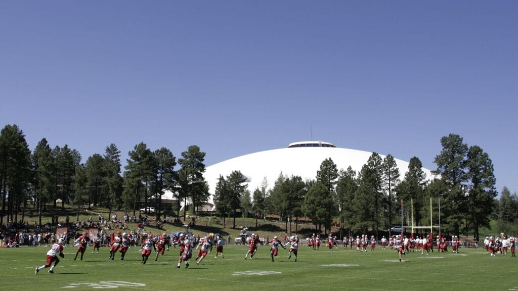 A general view as the Arizona Cardinals run through drills during a training camp practice at Northern Arizona University in Flagstaff, Arizona on July 28th, 2008. (Photo by Gene Lower/Getty Images)