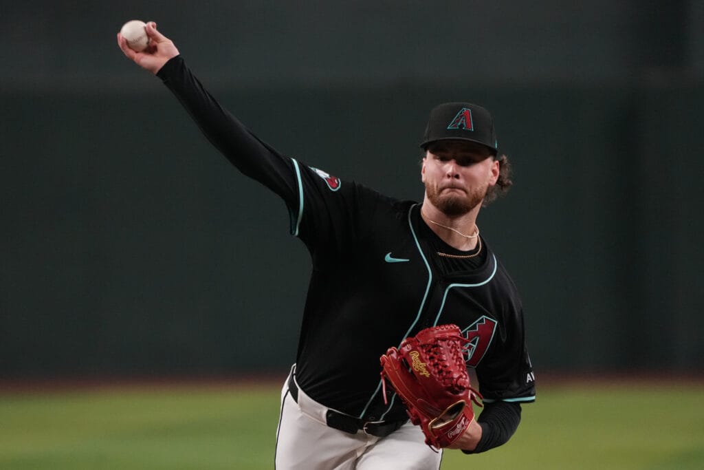 Diamondbacks pitcher Ryne Nelson (19) throws against the Philadelphia Phillies in the first inning at Chase Field.