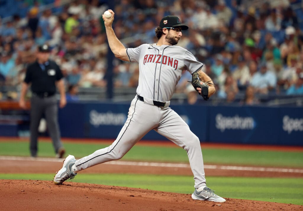 Diamondbacks starting pitcher Zac Gallen (23) throws a pitch against the Tampa Bay Rays during the second inning at Tropicana Field.