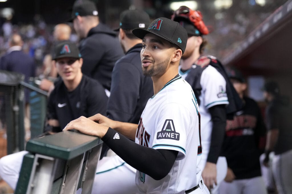 Diamondbacks shortstop Jordan Lawlar (10) before game five of the NLCS for the 2023 MLB playoffs against the Philadelphia Phillies at Chase Field.