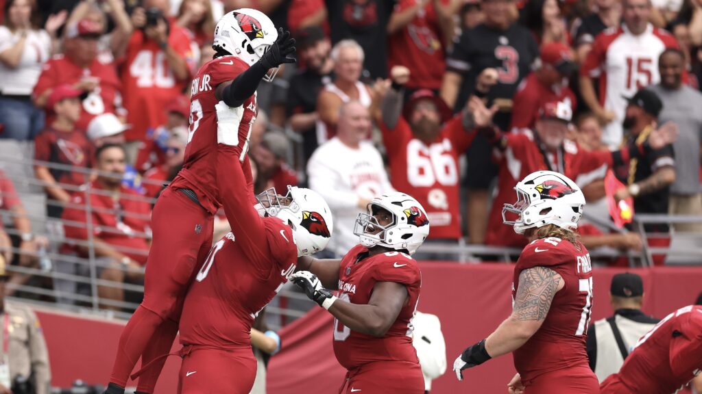 Cardinals receiver Marvin Harrison Jr. celebrates a touchdown during the first quarter against the Los Angeles Rams.