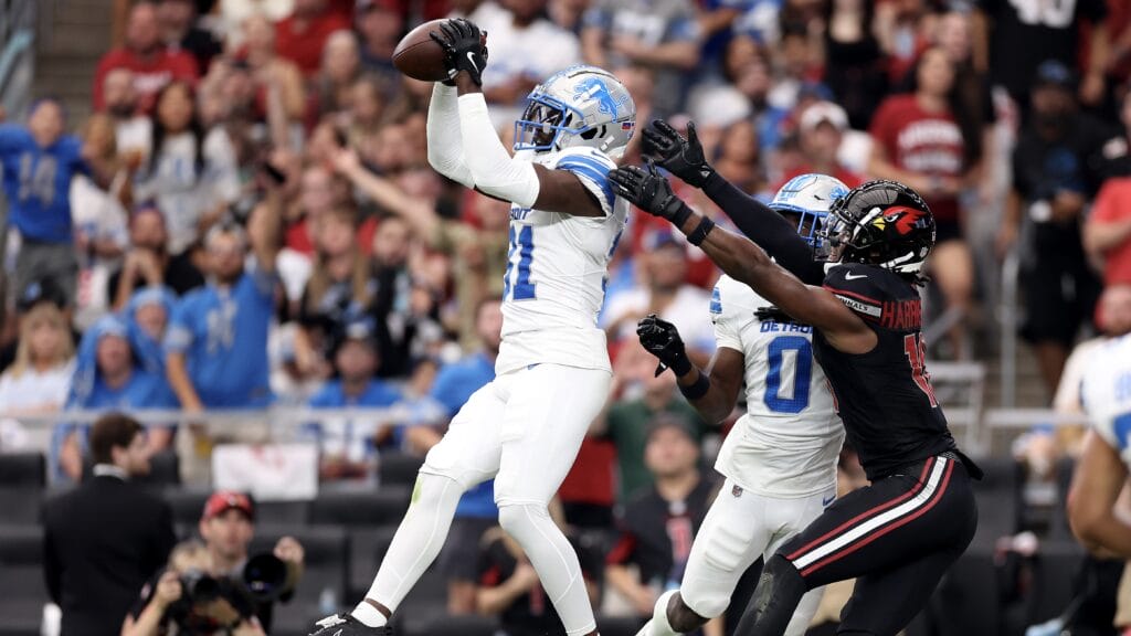 Lions cornerback Kerby Joseph intercepts a pass thrown by Cardinals quarterback Kyler Murray during the third quarter at State Farm Stadium on September 22, 2024 in Glendale, Arizona. (Photo by Christian Petersen/Getty Images)