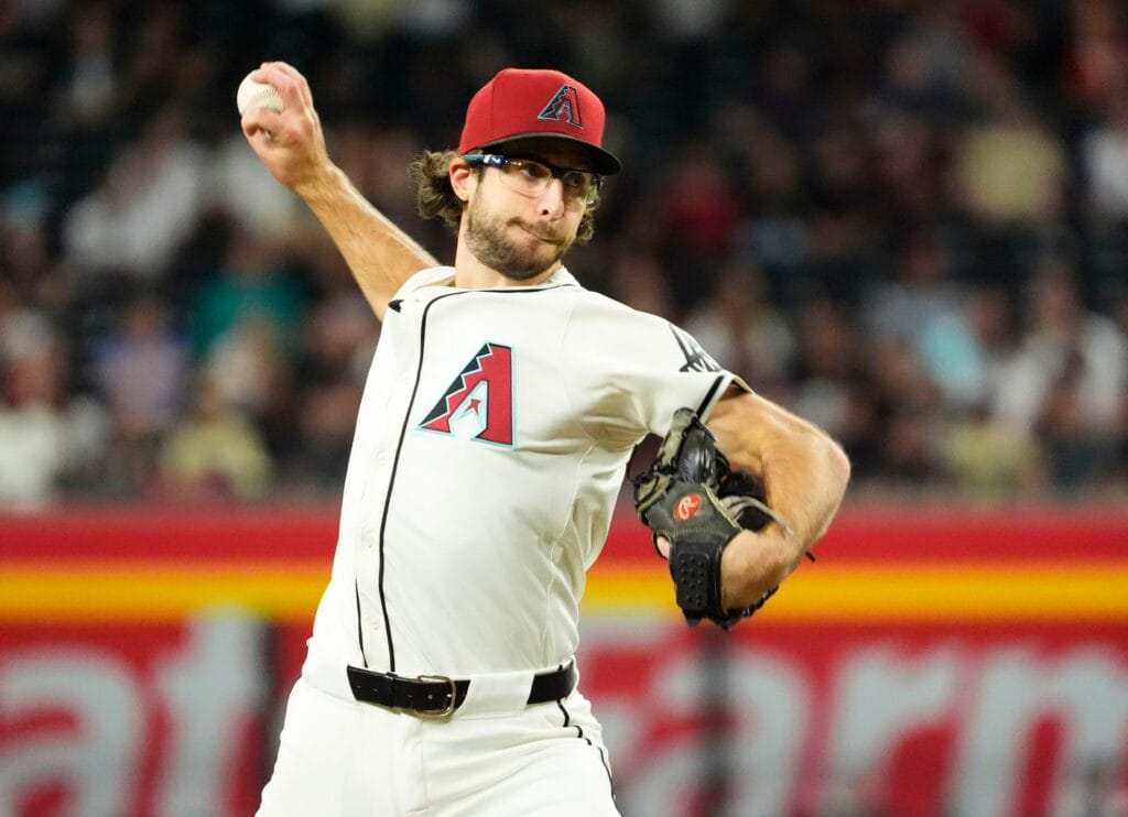 Diamondbacks pitcher Zac Gallen (23) throws to the San Francisco Giants in the first inning at Chase Field in Phoenix on Sept. 25, 2024.
