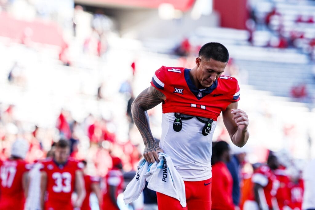 Arizona Wildcats wide receiver Tetairoa McMillan runs to the locker room at the end of game against Colorado. (Aryanna Frank-Imagn Images)