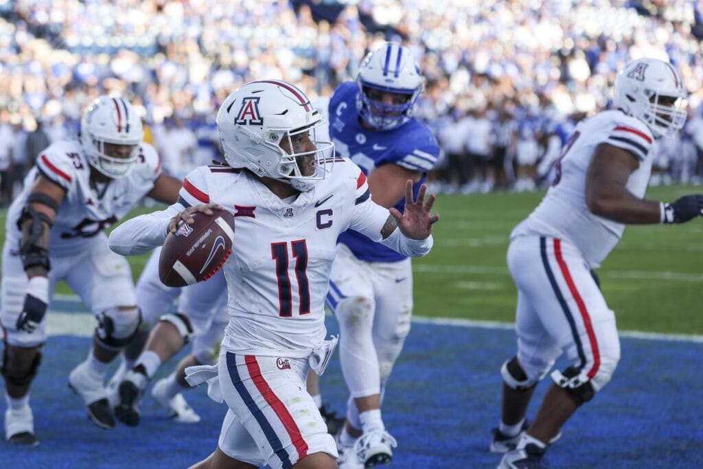 Arizona Wildcats quarterback Noah Fifita has thrown for eight touchdowns, with nine interceptions, in six games.(Rob Gray-Imagn Images)