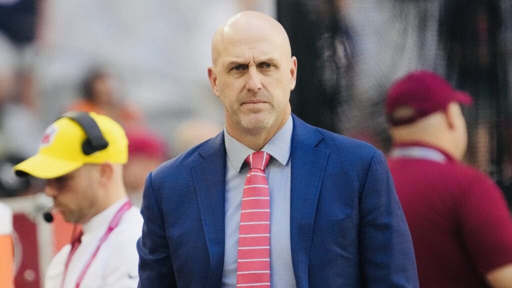 Arizona Cardinals general manager Monti Ossenfort watches his team warm up before playing against the Chicago Bears at State Farm Stadium in Glendale on Nov. 3, 2024.