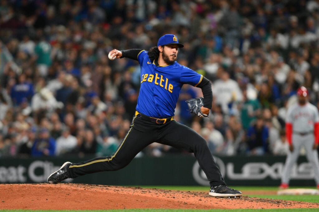 Mariners relief pitcher Andres Munoz (75) pitches to the Los Angeles Angels during the ninth inning at T-Mobile Park. Munoz could be a Diamondbacks trade targets this offseason.
