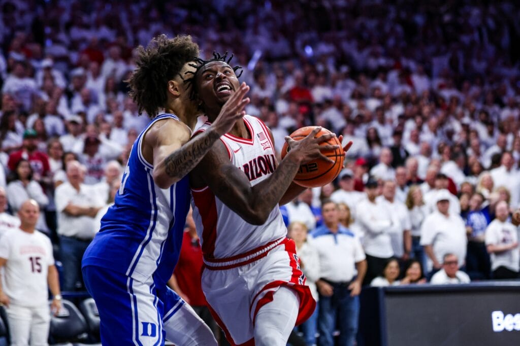 Arizona Wildcats guard Jaden Bradley pushes his way to the basket during the second half against the Duke Blue Devils (Aryanna Frank-Imagn Images)