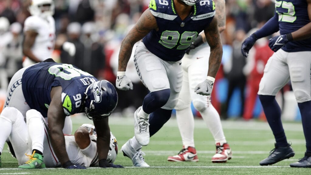 Seattle's Leonard Williams reacts to sack Cardinals QB Kyler Murray during the second quarter at Lumen Field on Sunday.