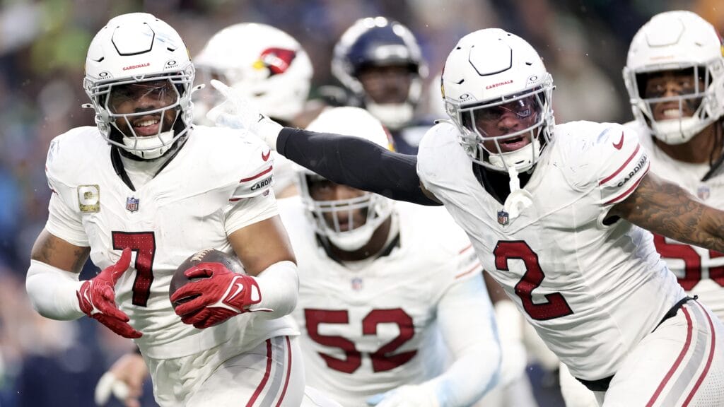 Kyzir White (No. 7) of the Arizona Cardinals reacts after a turnover against the Seattle Seahawks at Lumen Field on November 24, 2024 in Seattle, Washington.