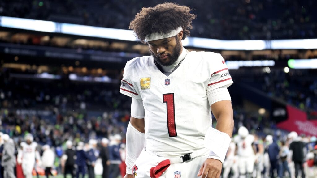 Cardinals QB Kyler Murray reacts after losing to the Seattle Seahawks at Lumen Field on November 24, 2024 in Seattle, Washington. (Photo by Steph Chambers/Getty Images)