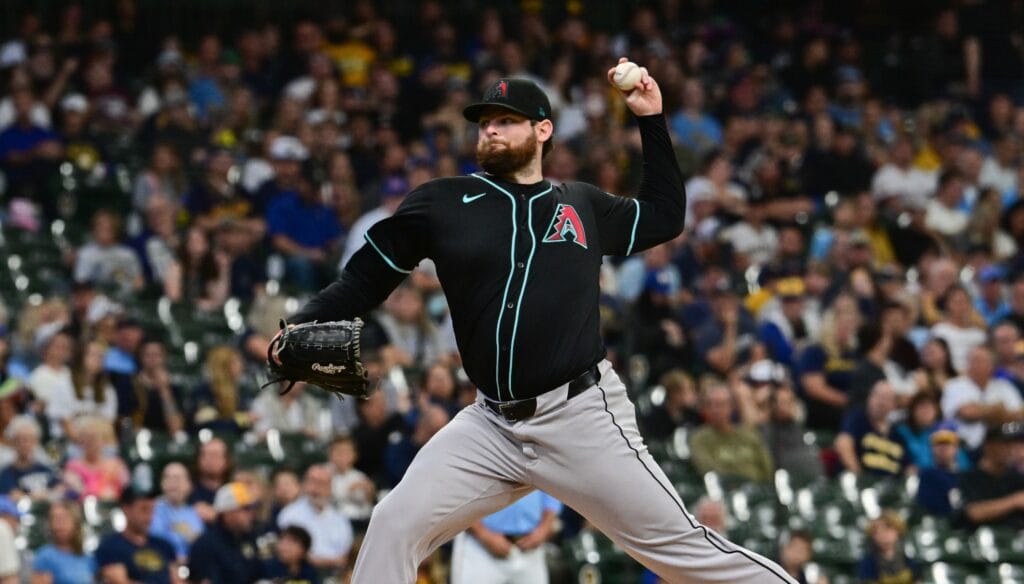 Diamondbacks starting pitcher Jordan Montgomery (52) pitches in the first inning against the Milwaukee Brewers at American Family Field. Montgomery is a potential candidate to be traded at the Winter Meetings this year in Dallas.