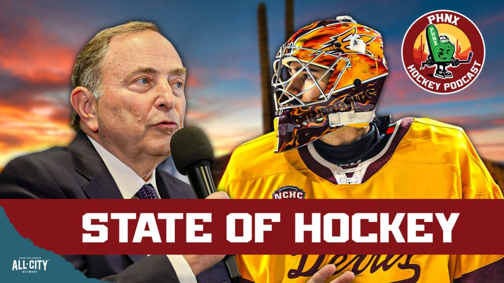 NHL commissioner Gary Bettman and ASU Hockey goalie Luke Pavicich