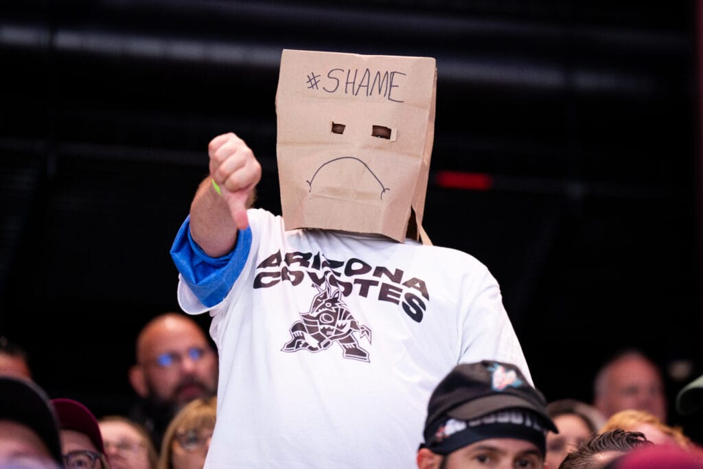 A Coyotes fan at the team's final game in Arizona.