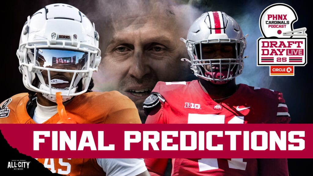 The Arizona Cardinals final draft predictions have arrived as rumors continue to fly toward top corners and offensive line. Will Monti Ossenfort stick and pick at 16 or trade down? Can Jonathan Gannon find a pass rusher he likes ala James Pearce Jr., Mykel Williams or Mike Green? Is a CB like Jahdae Barron an option or will the club pivot to an offensive tackle like Josh Simmons? What’s the latest with Cam Skattebo ahead of the 2025 NFL Draft? Join Johnny Venerable and Bo Brack on Wednesday’s NFL Draft Preview show on the PHNX Cardinals podcast!