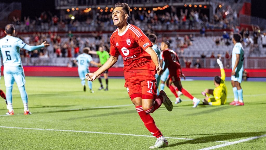 JP Scearce celebrates his opening goal in Phoenix Rising's 2-0 win over Monterey Bay