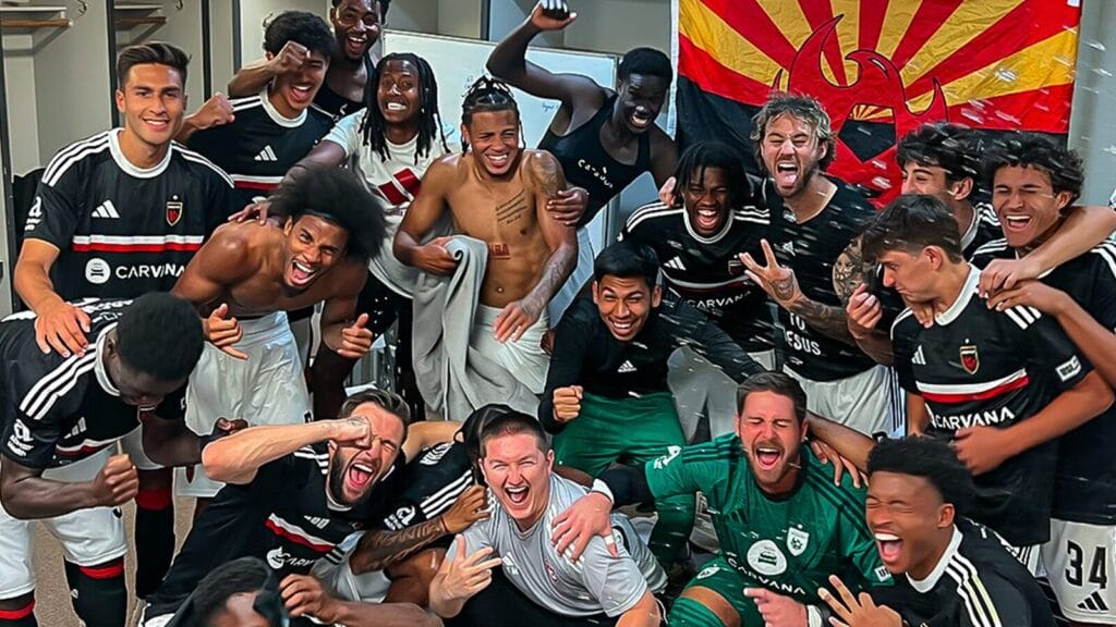 Patrick Rakovsky celebrates with teammates after Phoenix Rising wins in Las Vegas (Image: Phoenix Rising FC)