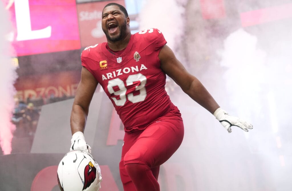 Arizona Cardinals defensive lineman Calais Campbell (93) is introduced before their game against the Carolina Panthers at State Farm Stadium.
