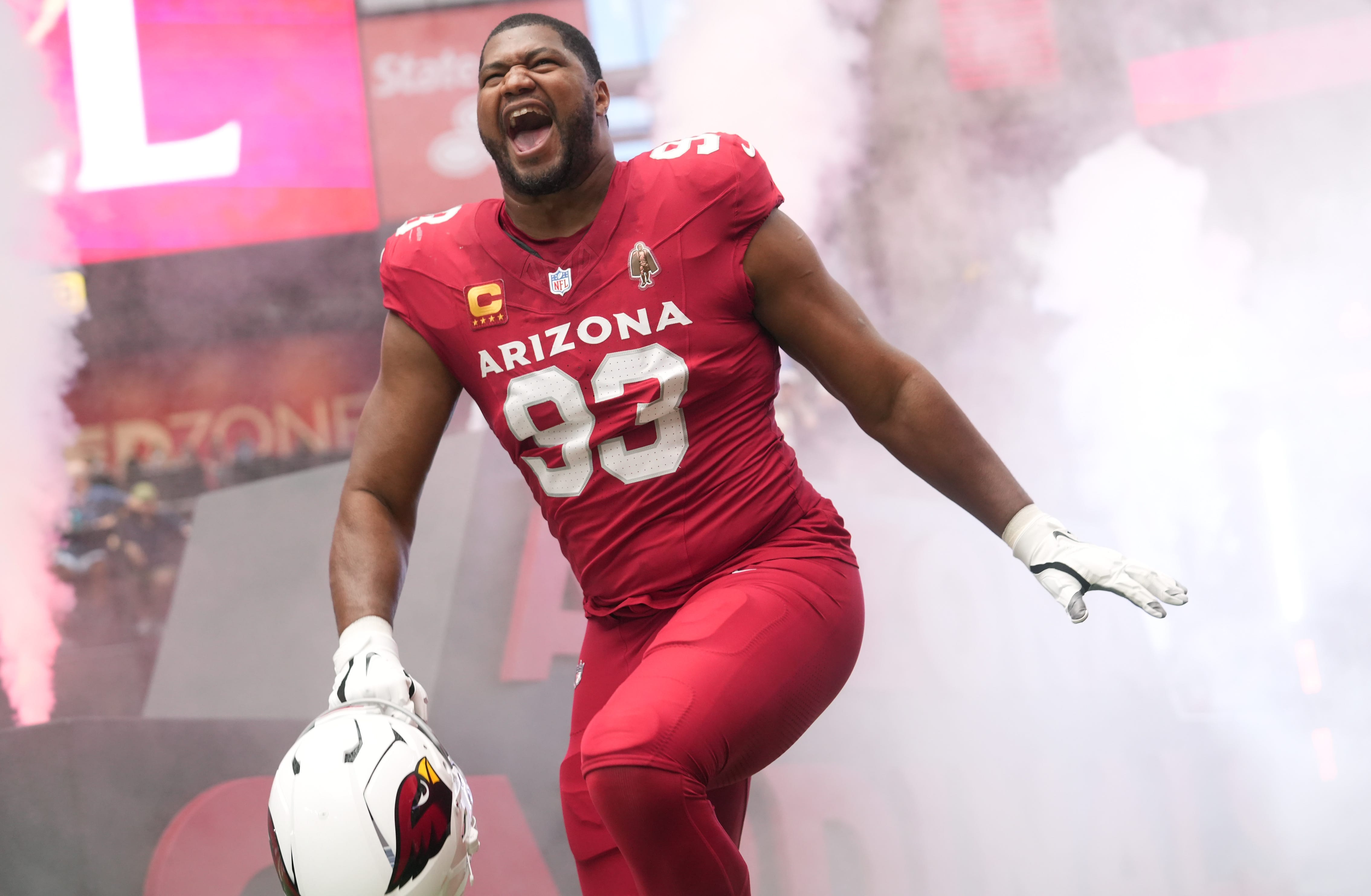Arizona Cardinals defensive lineman Calais Campbell (93) is introduced before their game against the Carolina Panthers at State Farm Stadium.