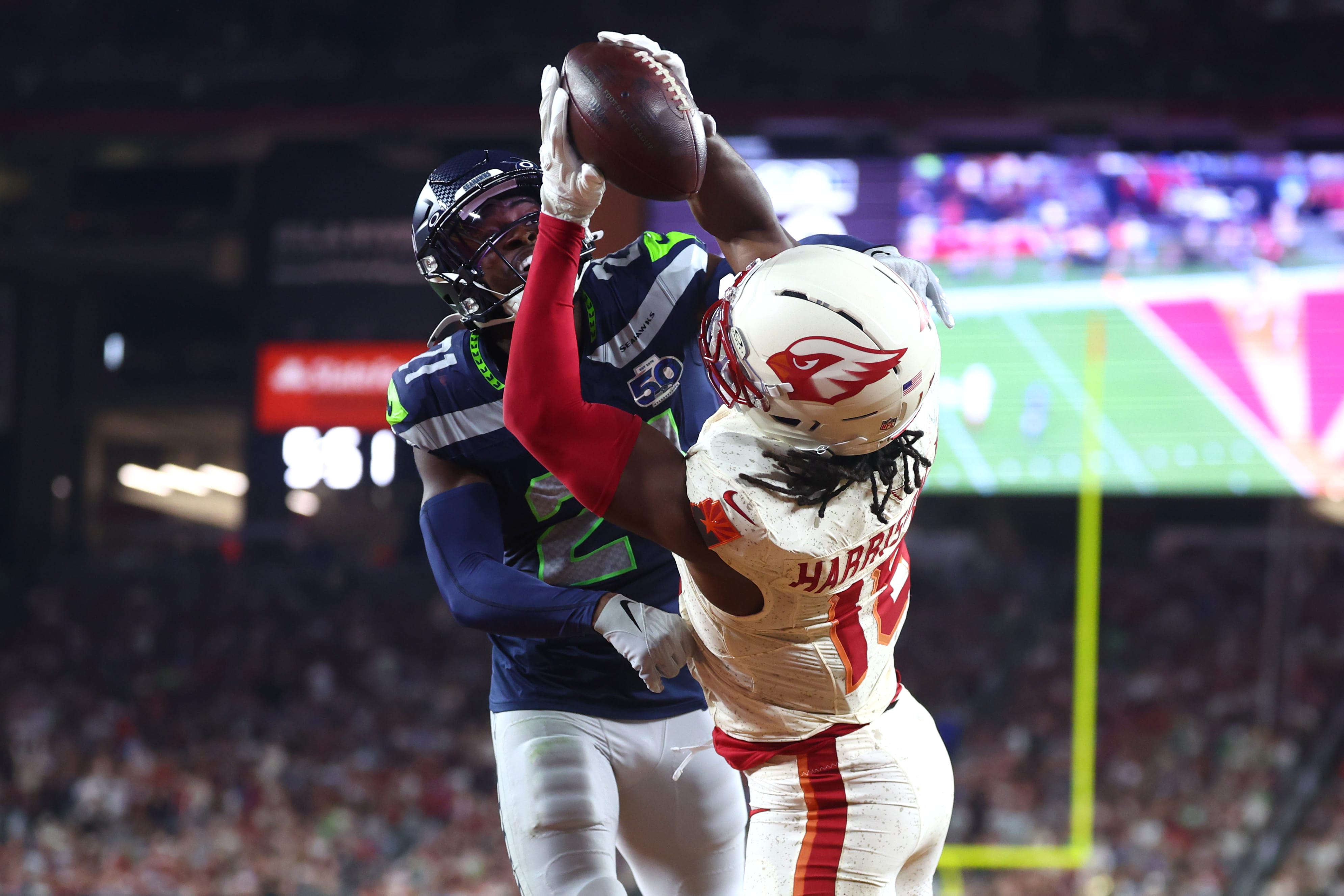 Arizona Cardinals WR Marvin Harrison Jr. catches a tocuhdown against the Seattle Seahawks.