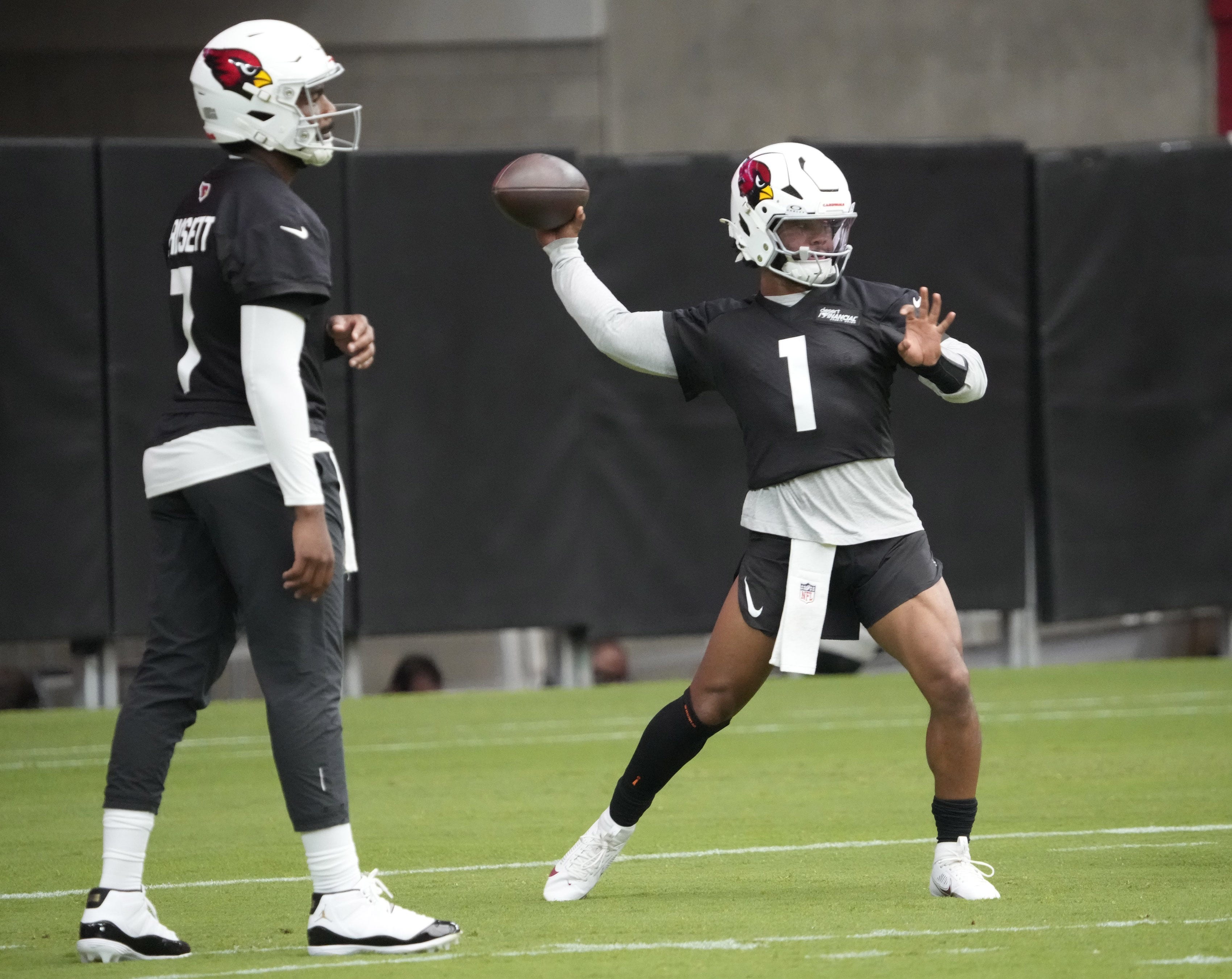 Arizona Cardinals QBs Jacoby Brissett and Kyler Murray.