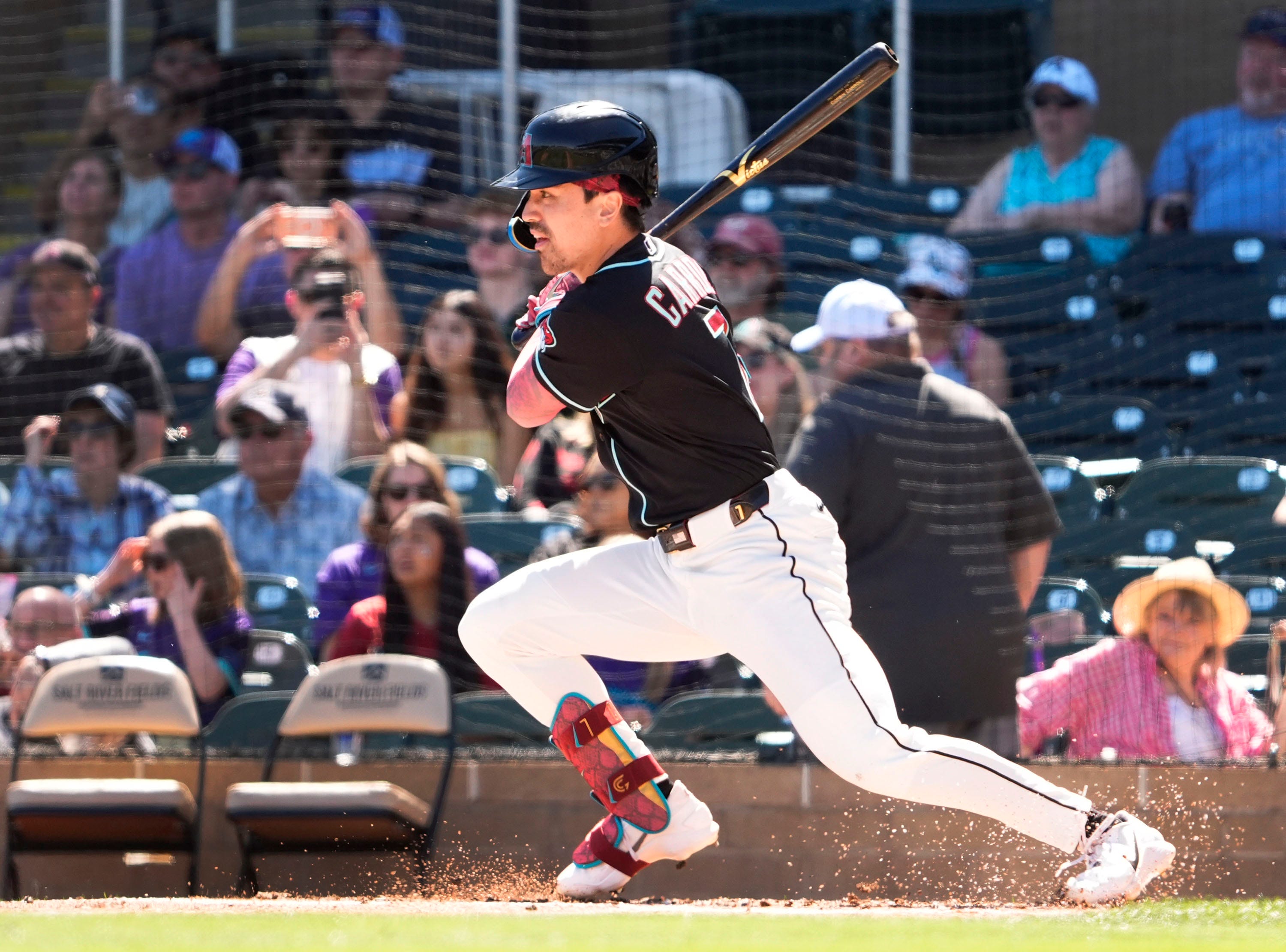 D-backs star Corbin Carroll hits in a spring training game.