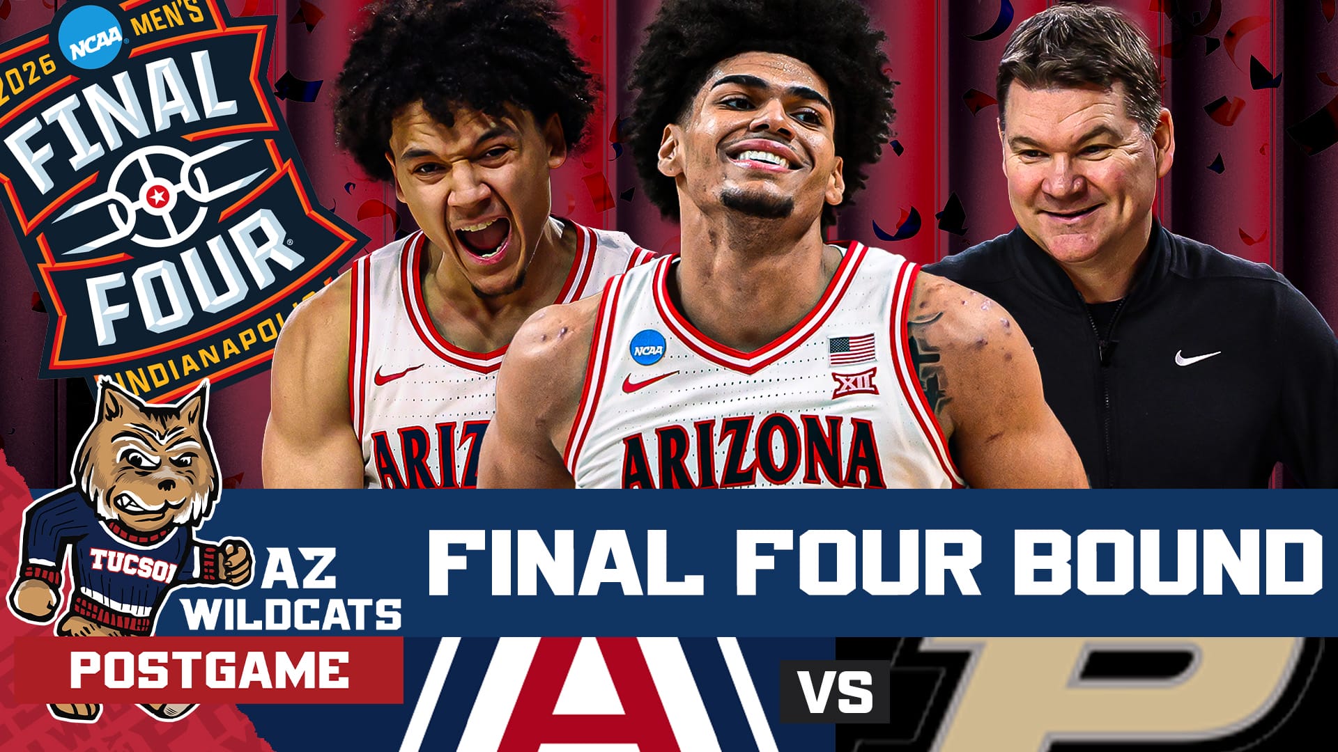 The Arizona Wildcats are FINAL FOUR BOUND. For the first time since 2001, the Arizona Wildcats are in the Final 4. This is the moment Wildcats fans have been waiting for. Koa Peat, Motiejus Krivas, Jaden Bradley, Brayden Burries, Ivan Kharchenkov, Anthony Dell’Orso, Tobe Awaka and Dwyane Aristode are Final Four bound.