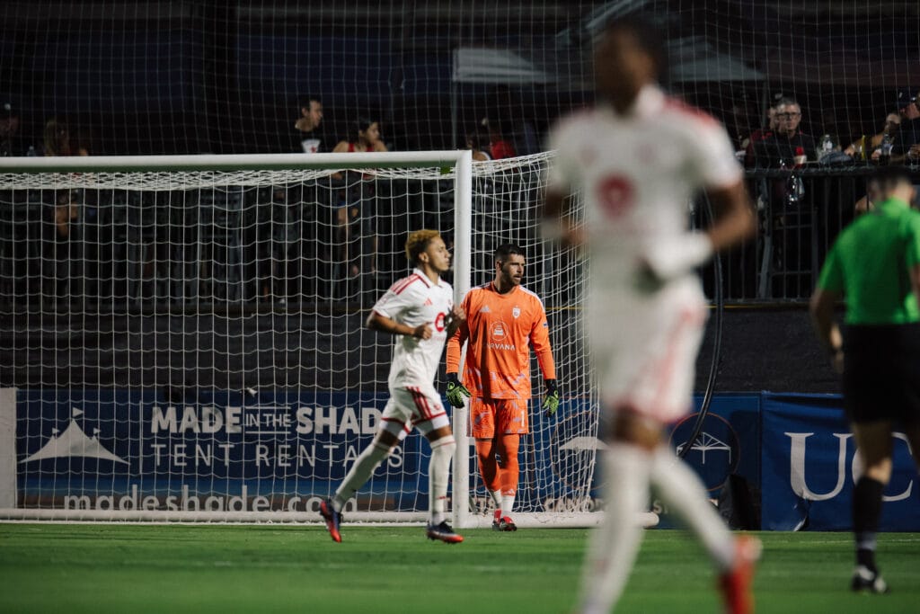 Phoenix Rising goalkeeper Patrick Rakovsky stands in goal during the 2-2 draw against Sacramento Republic