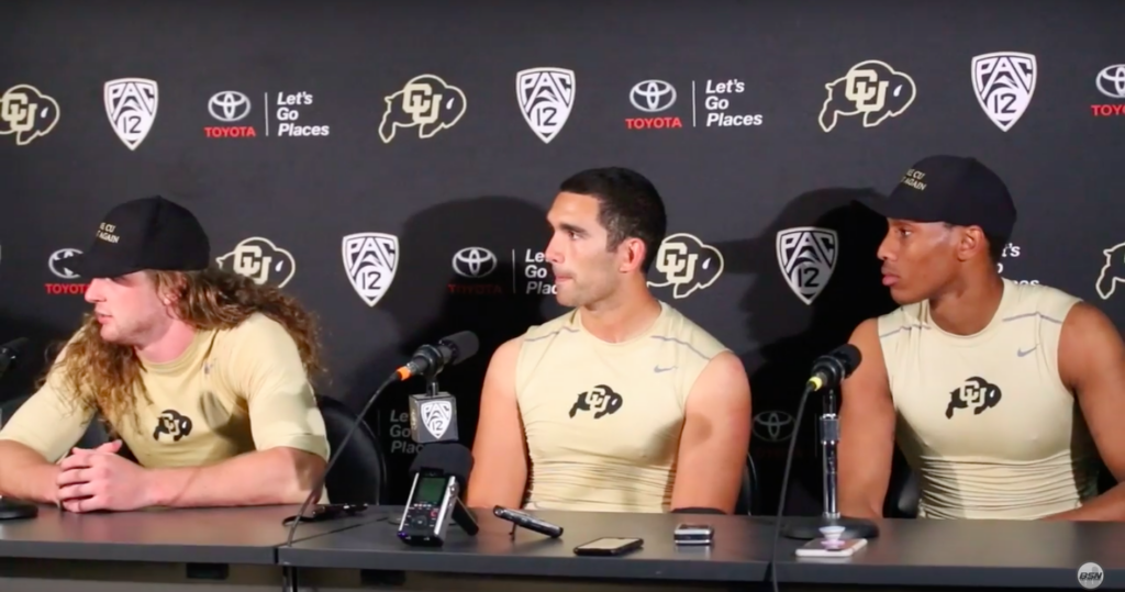 Addison Gillam, Sefo Liufau and Jimmie Gilbert following CU’s 40-16 win