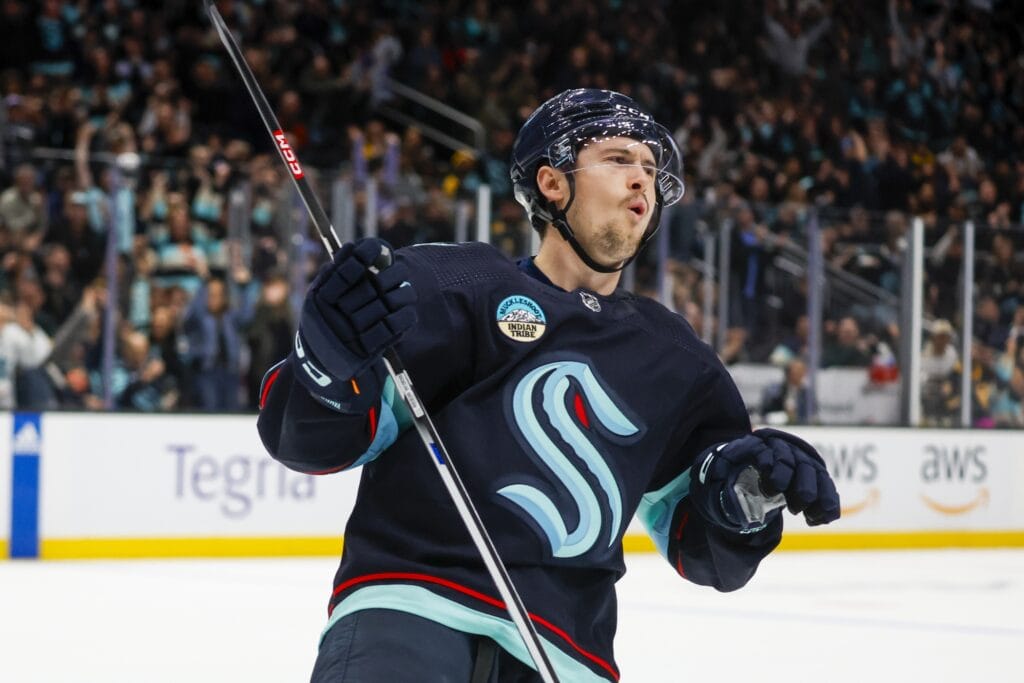 Kailer Yamamoto celebrates a goal.