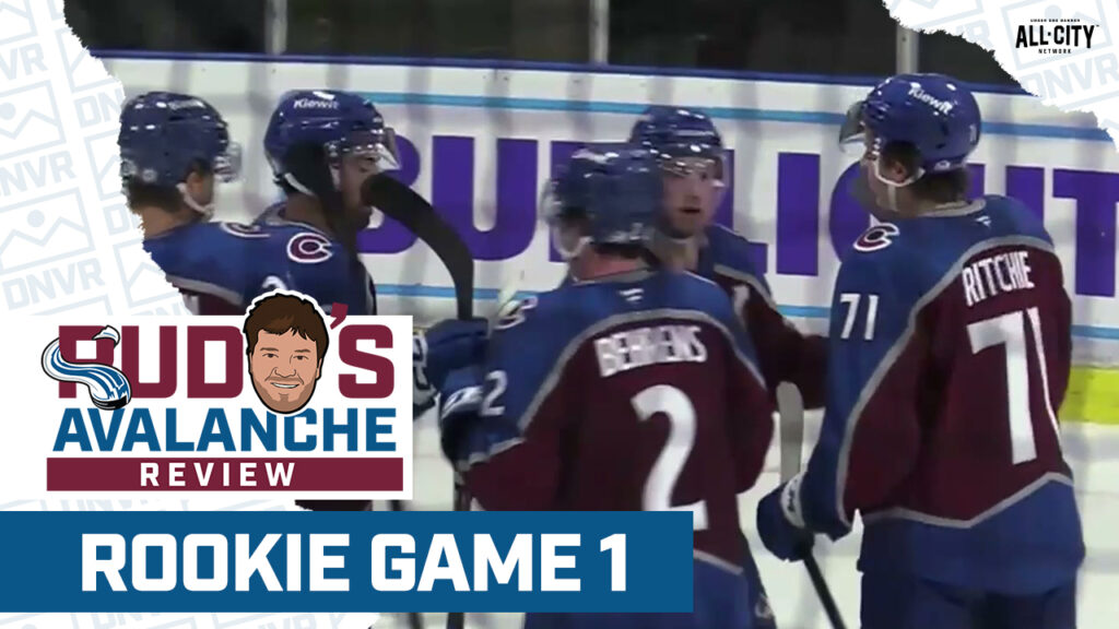 Cal Ritchie, Oskar Olausson, Sean Behrens, Jason Polin at the rookie faceoff with the Colorado Avalanche