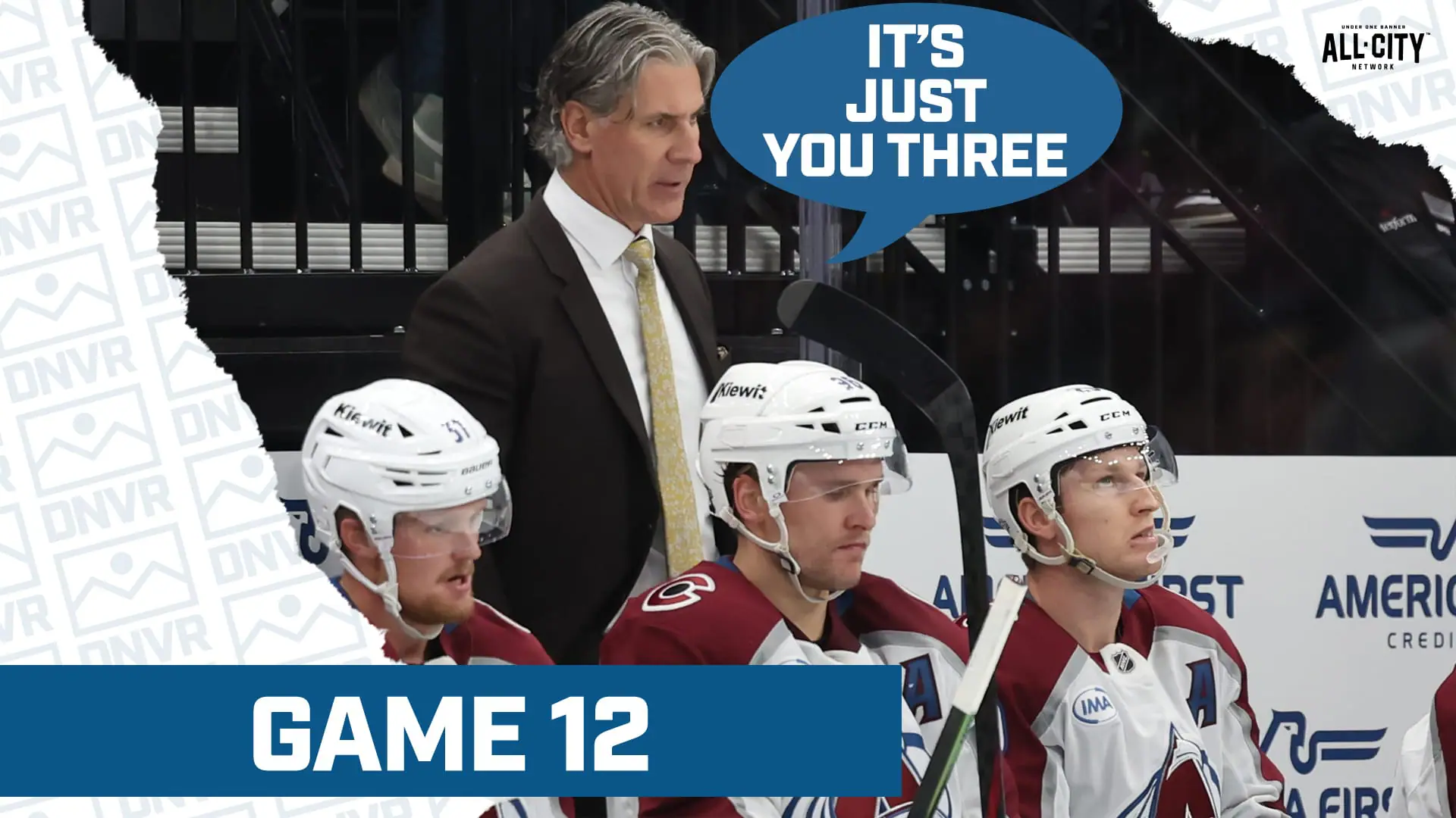 Jared Bednar, Nathan MacKinnon, Casey Mittelstadt, and Mikko Rantanen of the Colorado Avalanche