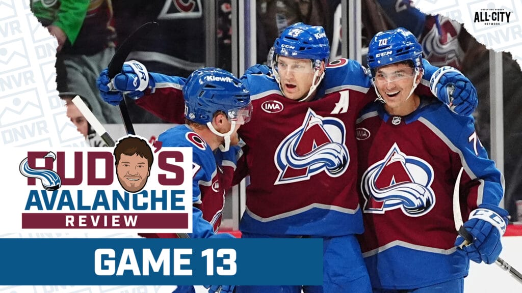 Nathan MacKinnon celebrating a goal for the Colorado Avalanche