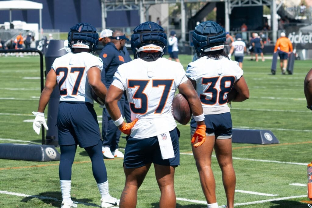 J.K. Dobbins, RJ Harvey and Jaleel McLaughlin at Denver Broncos training camp