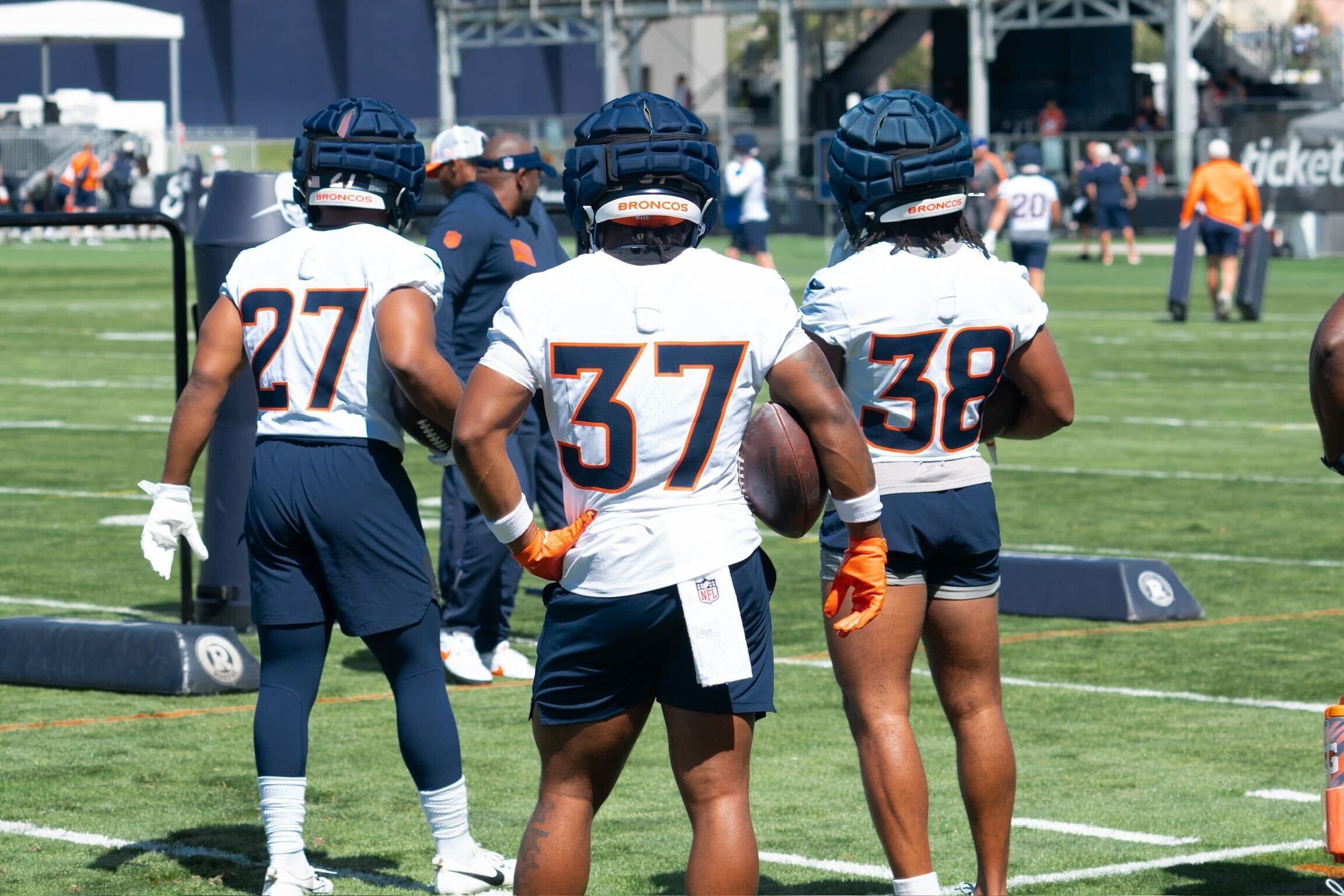 J.K. Dobbins, RJ Harvey and Jaleel McLaughlin at Denver Broncos training camp