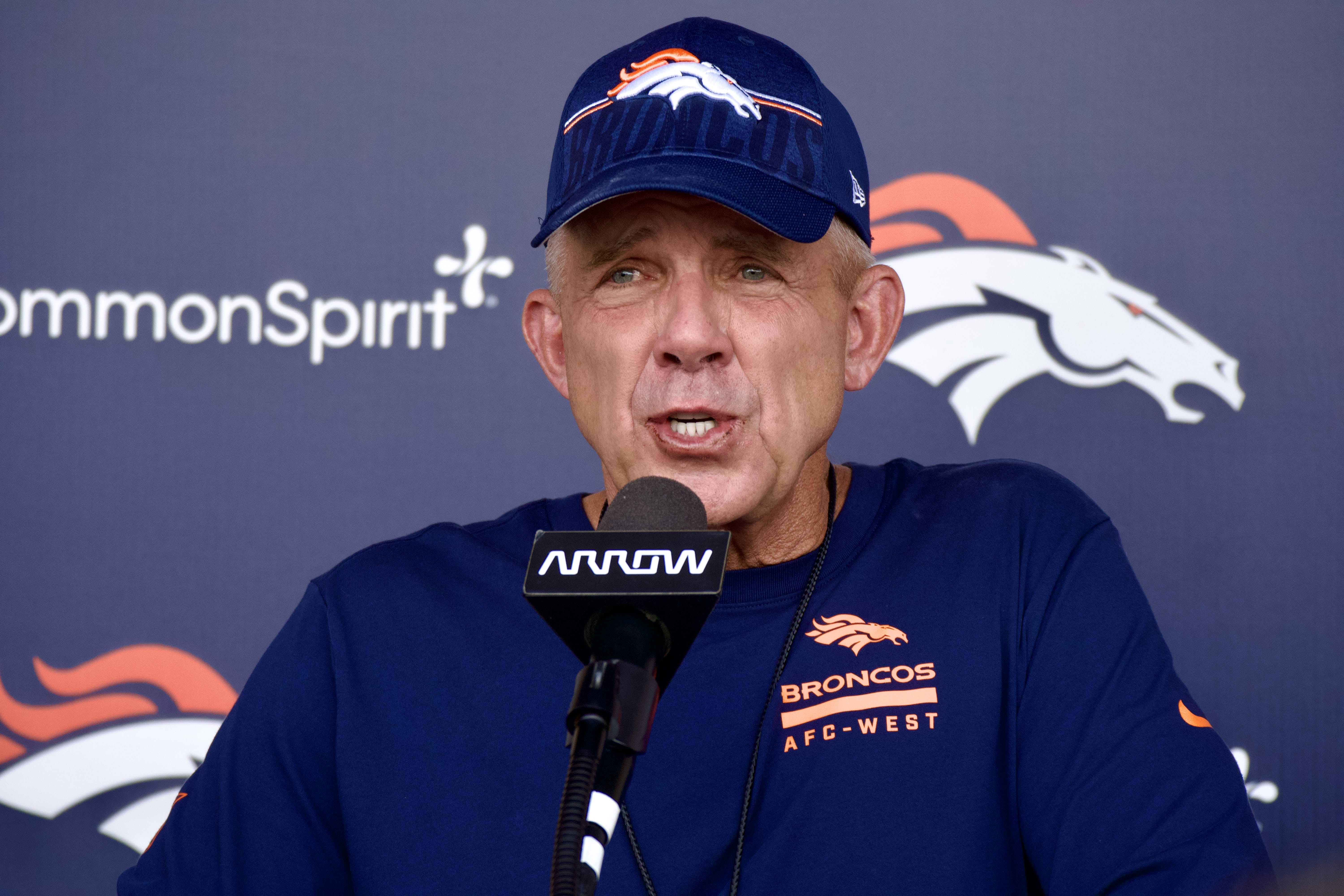 Sean Payton addressing the media following the Denver Broncos' 10th practice of training camp on Saturday, Aug. 2