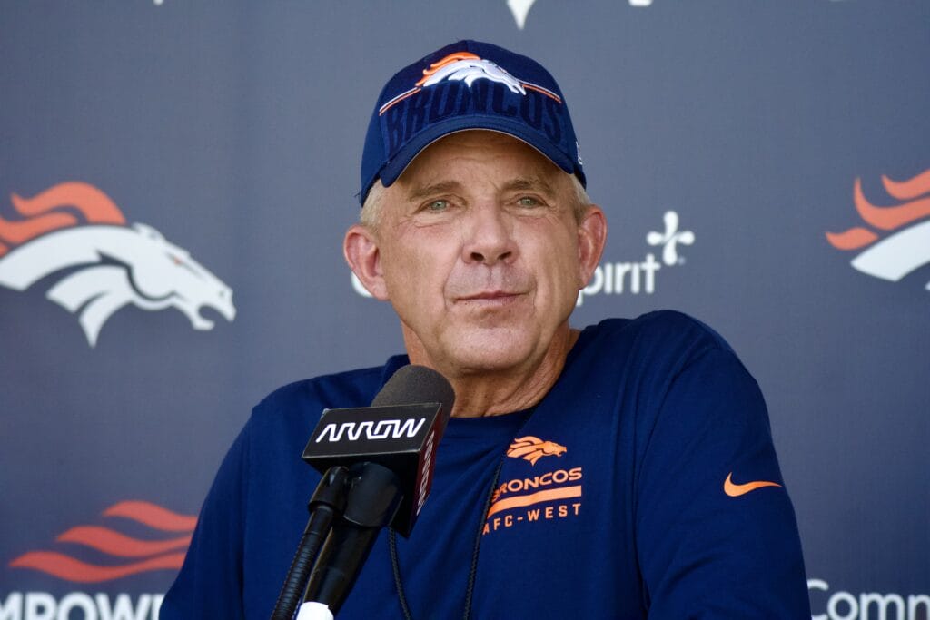 Sean Payton addressing reporters following Denver Broncos training camp.