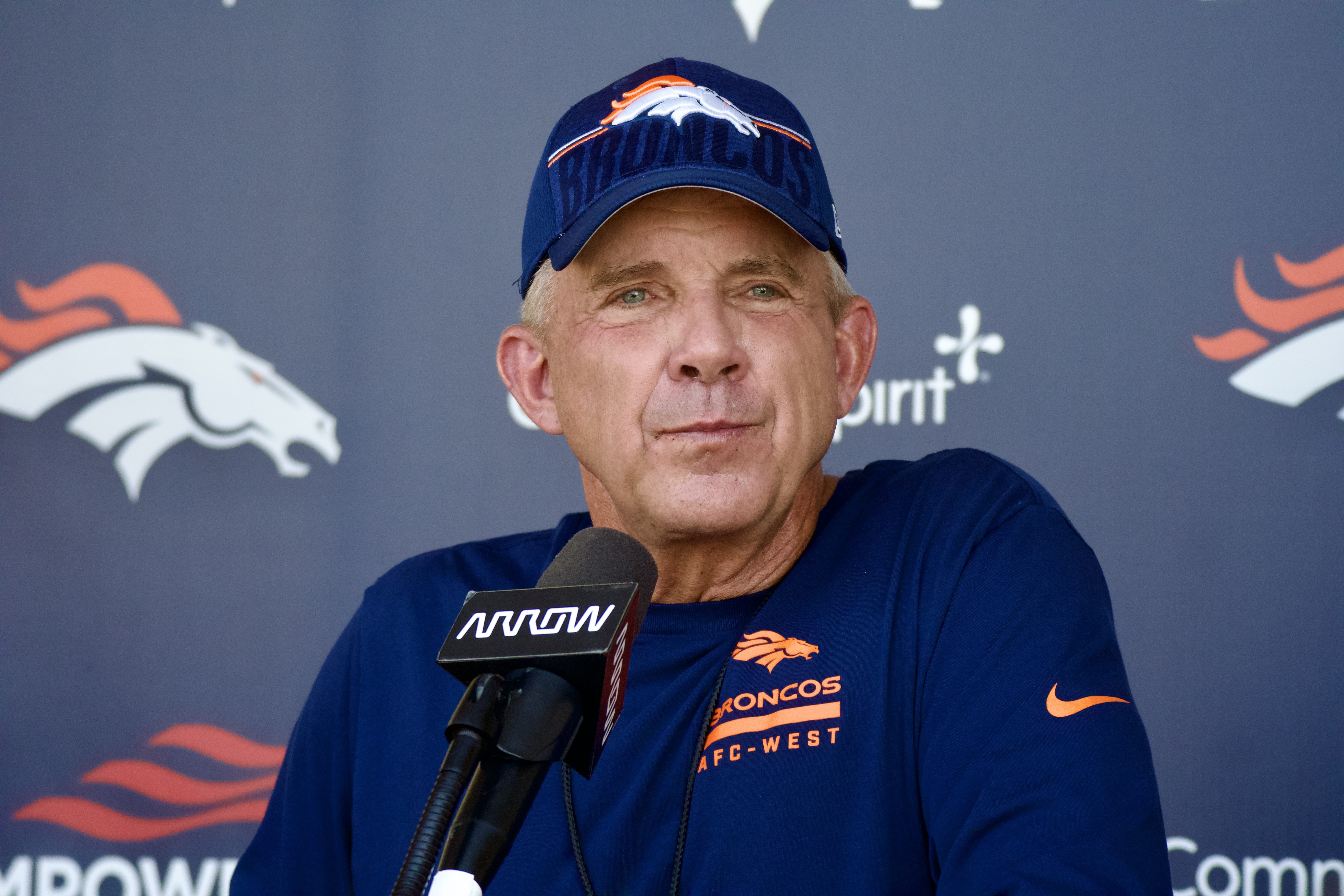 Sean Payton addressing reporters following Denver Broncos training camp.