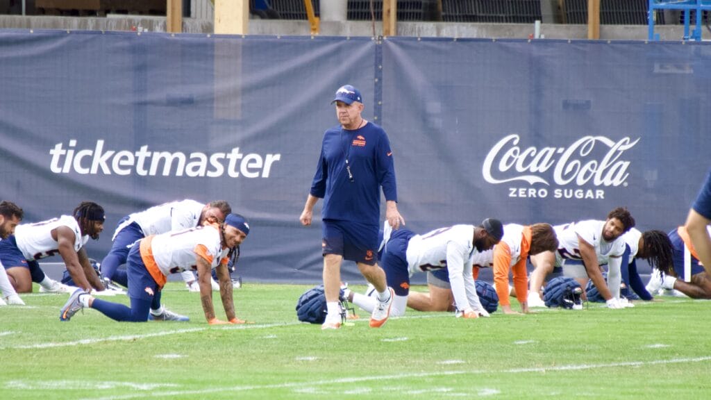 Sean Payton at Denver Broncos' practice on Tuesday, August 26