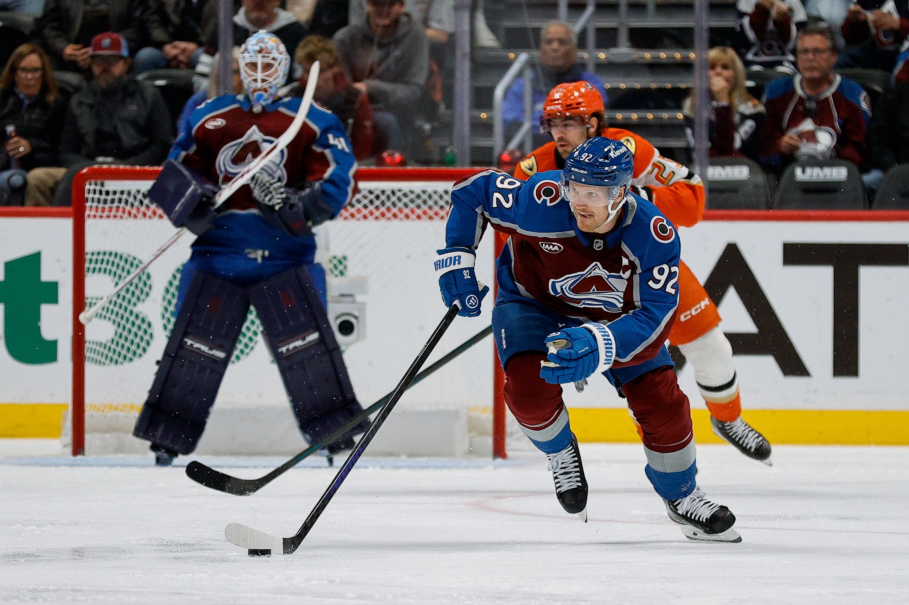 Colorado Avalanche left wing Gabriel Landeskog (92) skates the puck up ice in the second period against the Anaheim Ducks at Ball Arena. Mandatory Credit: Isaiah J. Downing-Imagn Images