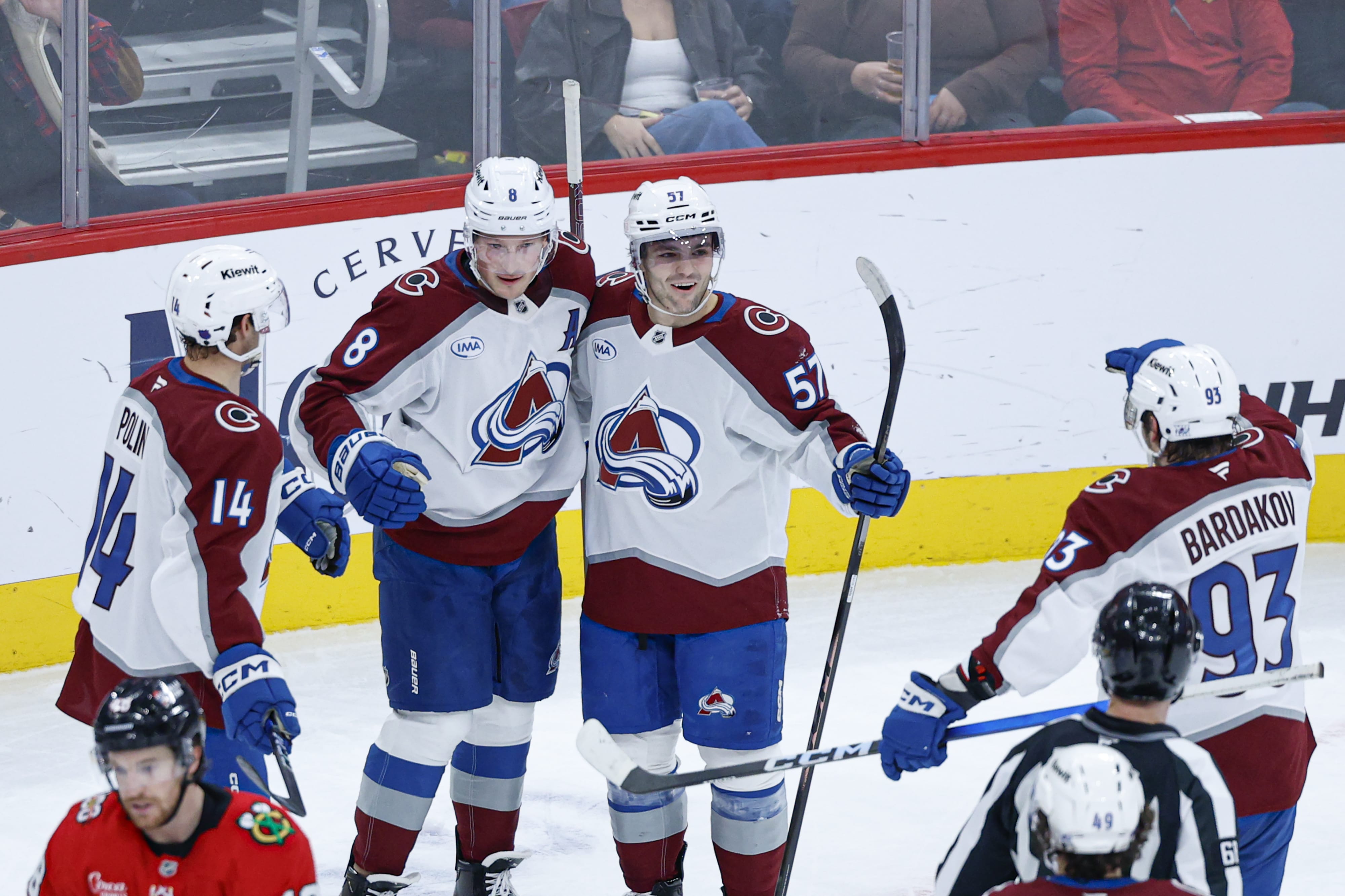 Colorado Avalanche defenseman Cale Makar (8) celebrates with teammates after scoring against the Chicago Blackhawks during the second period at United Center. Mandatory Credit: Kamil Krzaczynski-Imagn Images